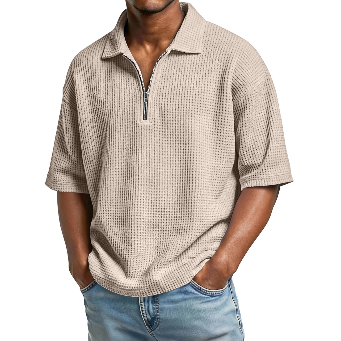 Men's Waffle-Weave Short-Sleeve Lapel Polo Shirt T-Shirt
