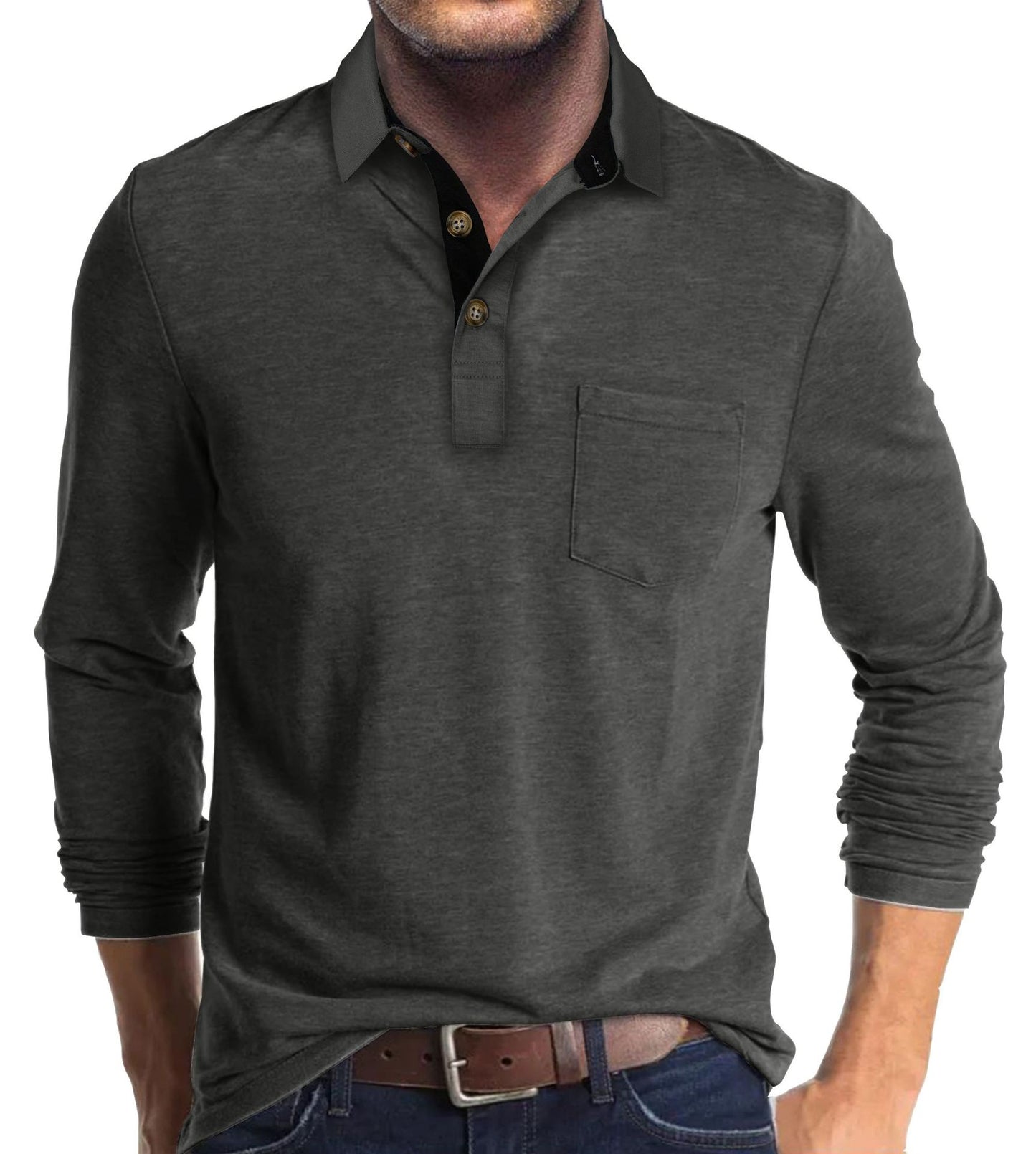 Mens Long-sleeve Lapel T-shirt Winter Base Layer Top