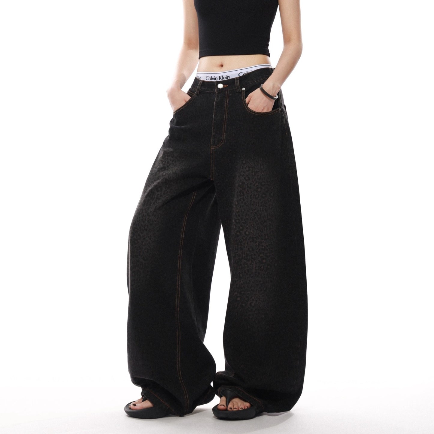 Women's Black Gradient Leopard-Print Denim Jeans