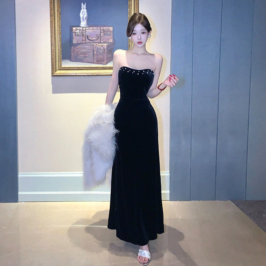 Luxury Celebrity-style Strapless Evening Gown Velvet Waist-Cinched Maxi Dress