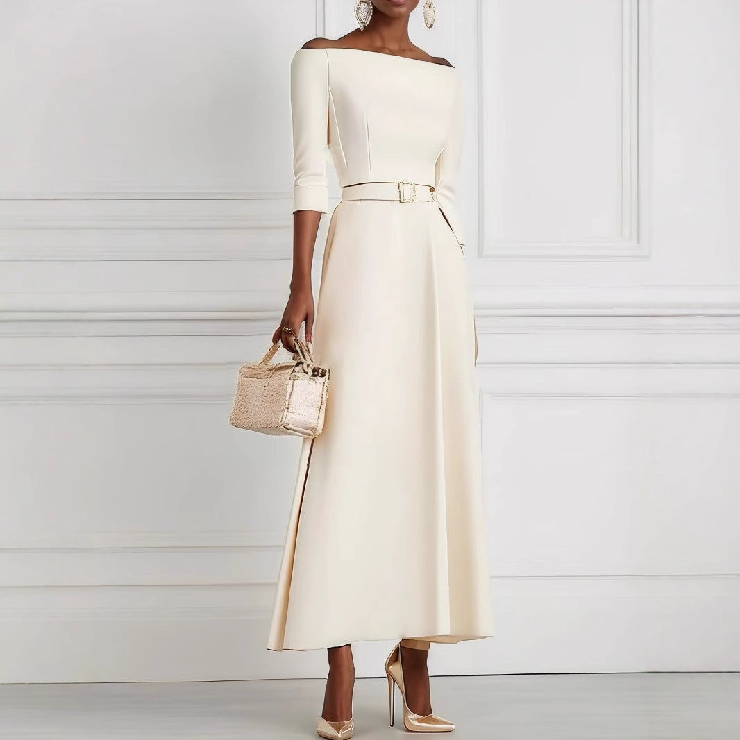 Solid Color Fashion Temperament Waist-controlled Off-shoulder Dress For Women