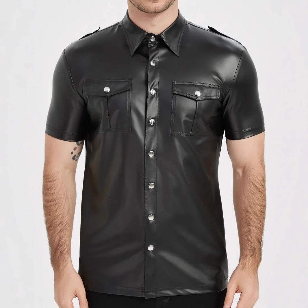 European And American-style Summer Casual Mens Patent Leather Tight-fitting Short-sleeve Top