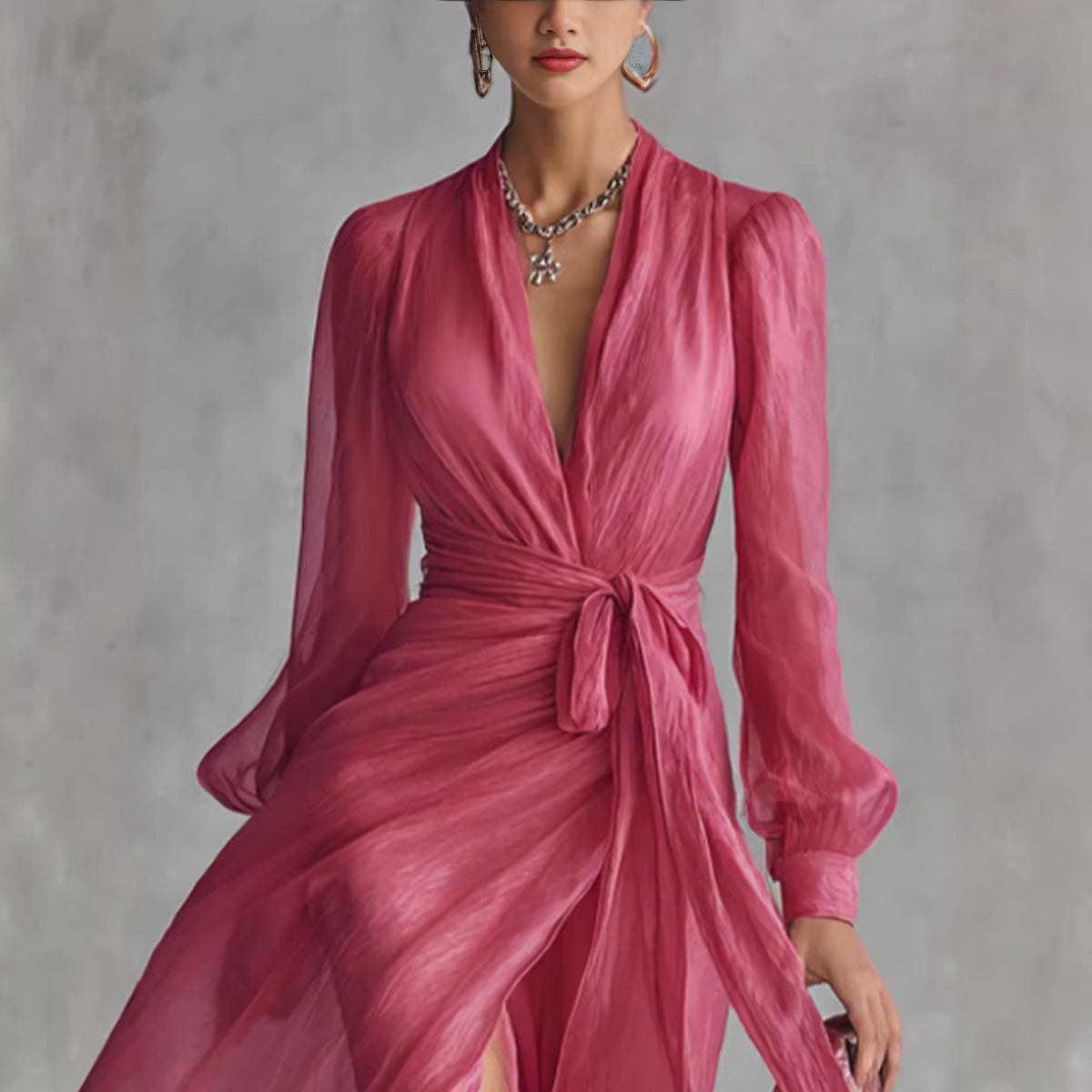 Casual Court-Style V-Neck Lace-Up Puff-Sleeve Dress - DRESS WELL STORE