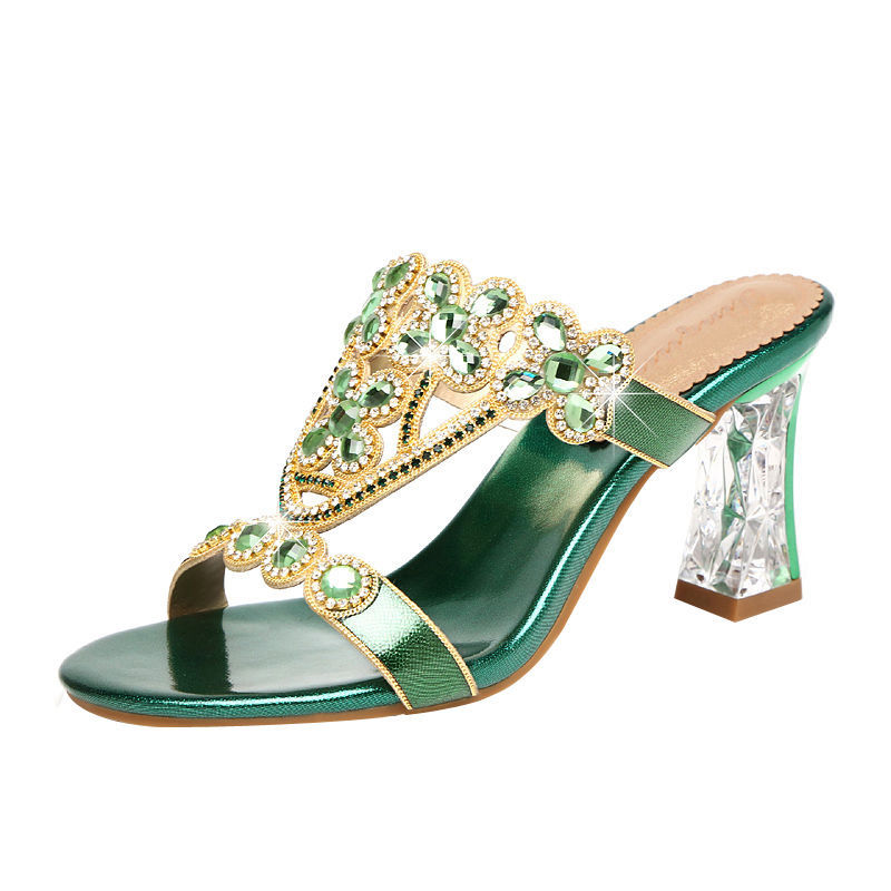 Sandalias de tacón alto con pedrería y tacón de bloque, con flores y diamantes