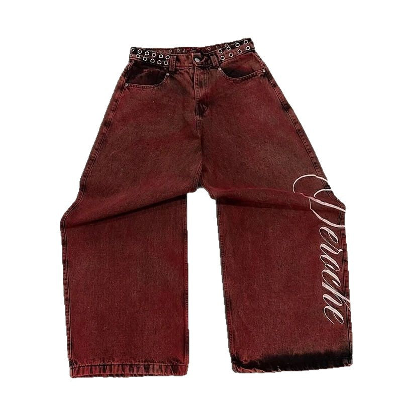 Y2K Letter-embroidered Rivet Belt Washed Vintage Jeans