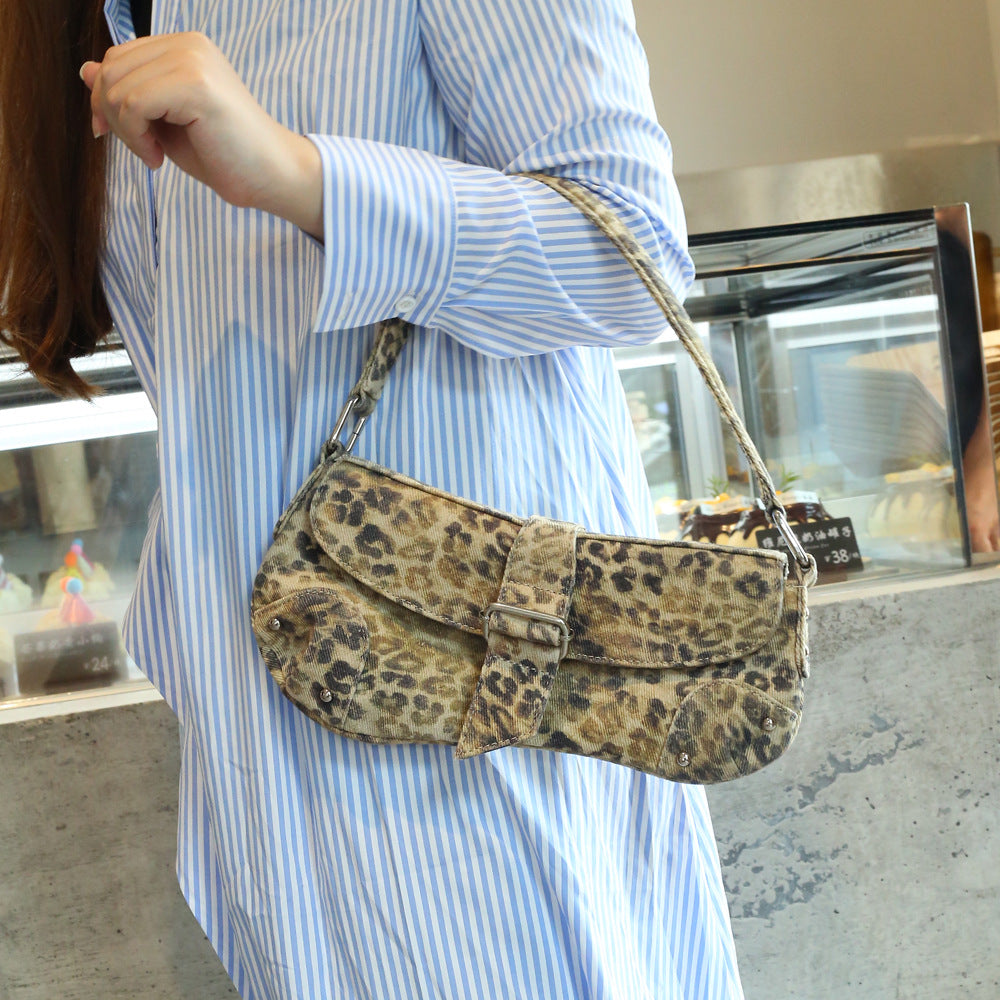 Womens Distressed Leopard-print Underarm Bag Asymmetric Single-shoulder