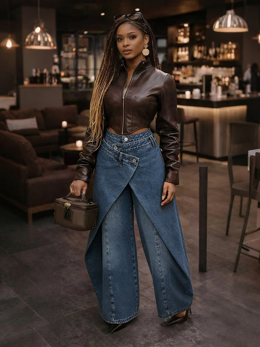 Pantalones Anchos Irregulares de Cintura Alta Estilo Retro con Hebilla Cruzada Metálica