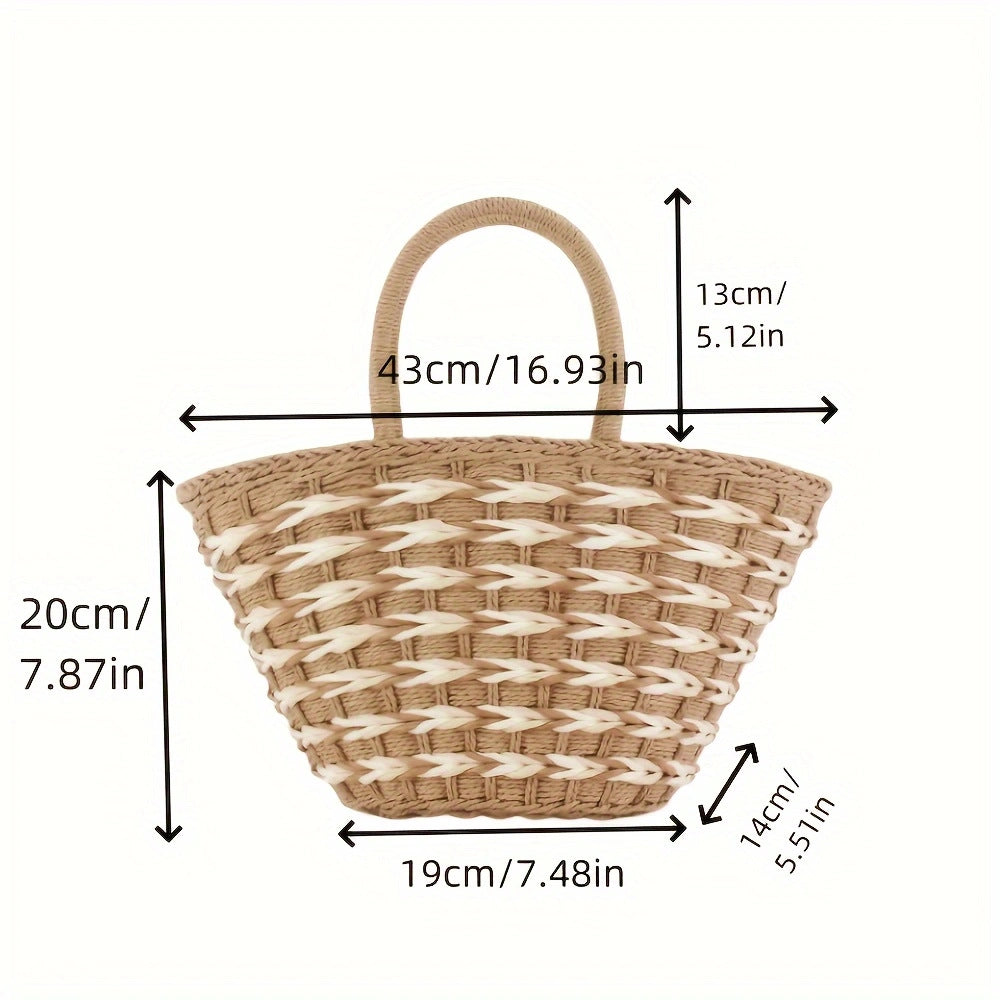 Bolso de hombro de playa tipo cesta, tejido a mano, de gran capacidad, con bloques de color para mujer, para vacaciones