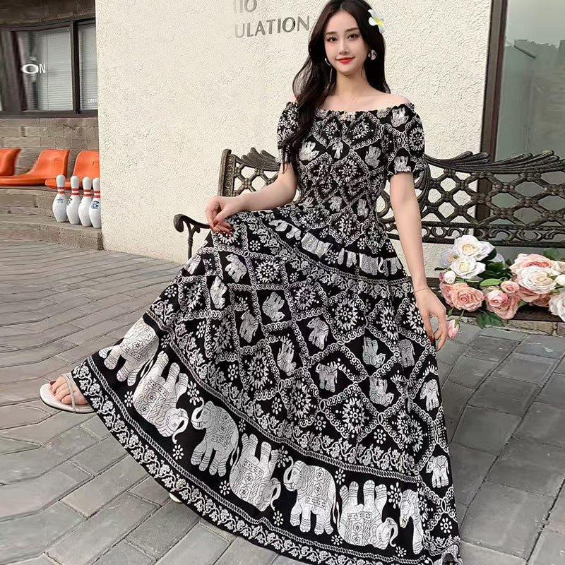 Summer Ethnic-style Elastic-waist Beach Bohemian Shoulder Dress