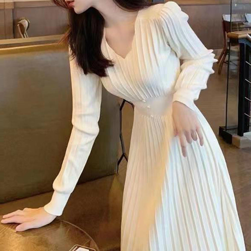 Vestido de mujer de manga larga con cuello de pico y cintura alta