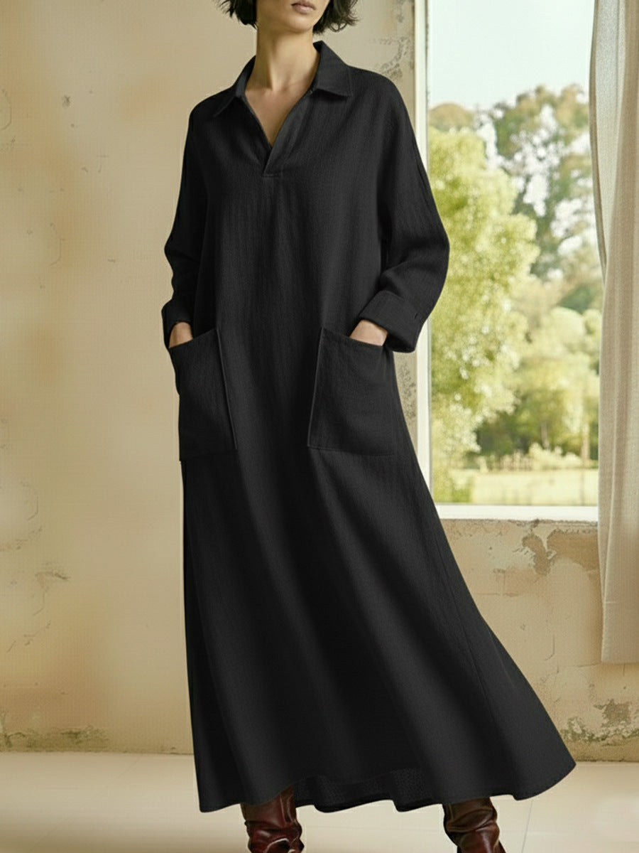 Vestido de manga larga informal con cuello alto, holgado y con bolsillos