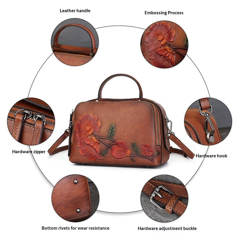 Vintage Cowhide Pillow Bag With Embossed Detailing And A Handheld Design