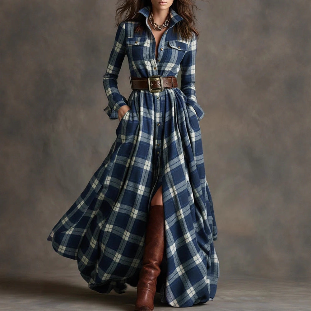 Vestido largo de manga larga con estampado a cuadros Ins, bolsillos de moda, cuello, botones, camisa, vestidos largos, ropa retro para mujer