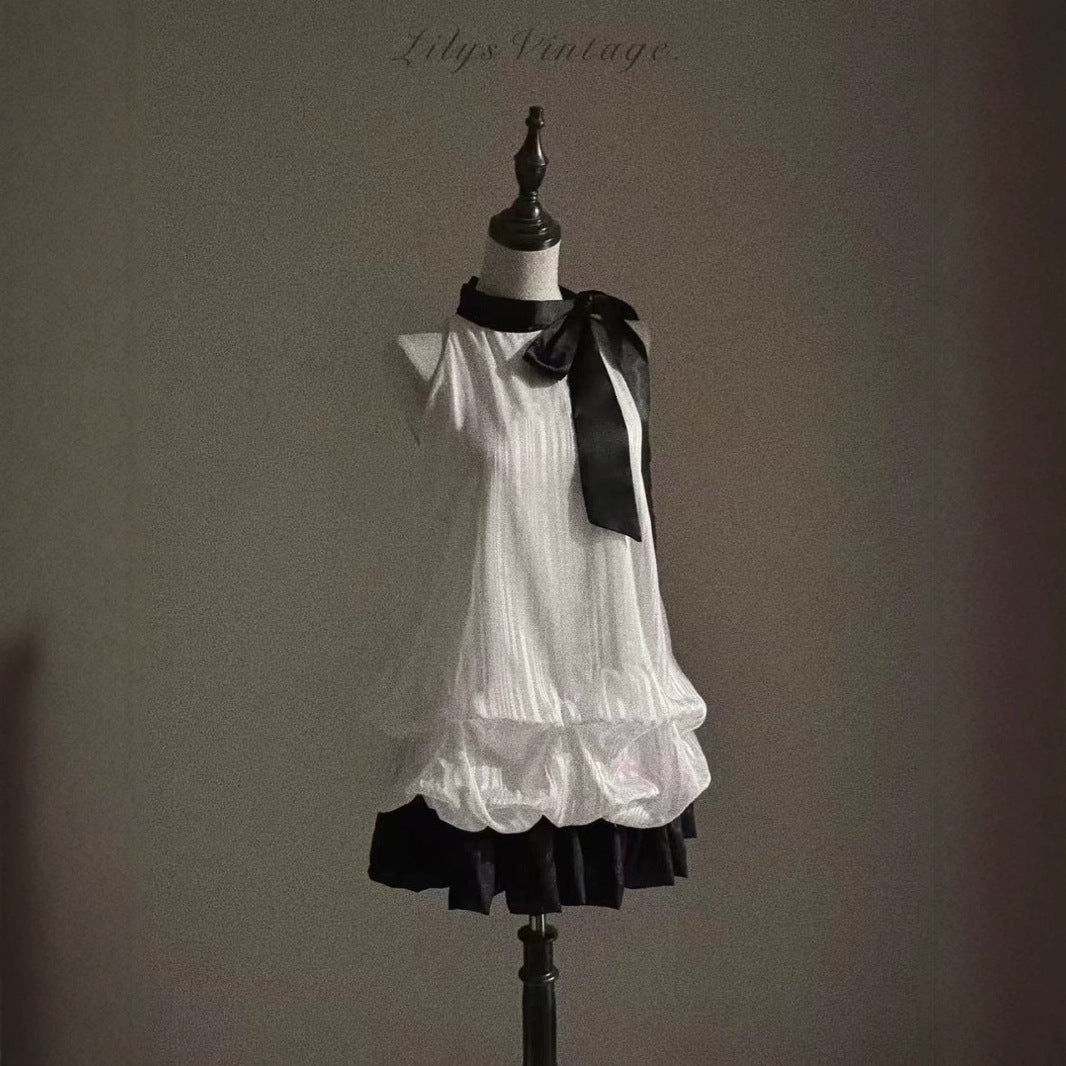 Halterneck Flower Bud Bow Patchwork Dress