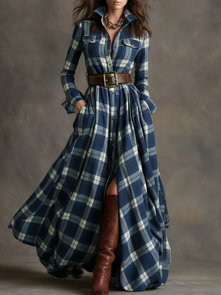 Vestido largo de manga larga con estampado a cuadros Ins, bolsillos de moda, cuello, botones, camisa, vestidos largos, ropa retro para mujer