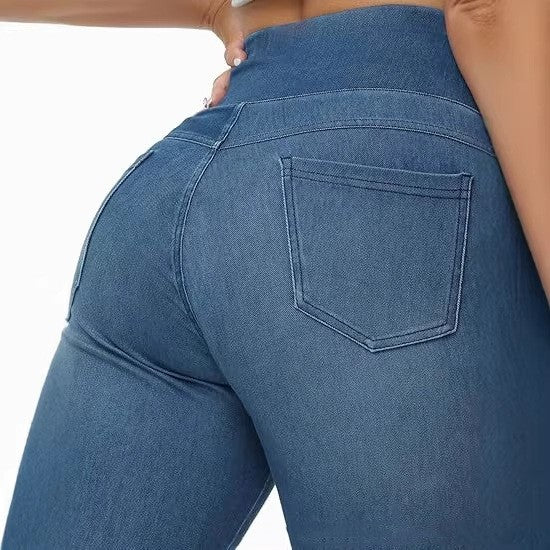 Pantalones de mezclilla sintética de talle alto con dos bolsillos