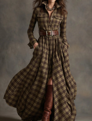 Vestido largo de manga larga con estampado a cuadros Ins, bolsillos de moda, cuello, botones, camisa, vestidos largos, ropa retro para mujer