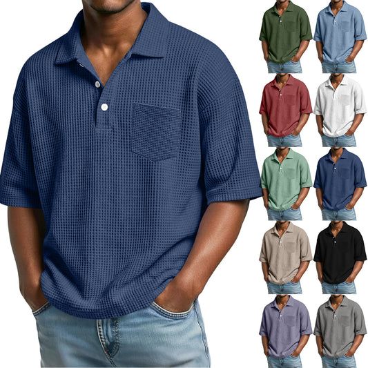 Polo de hombre de manga corta con solapa, tejido waffle y color liso
