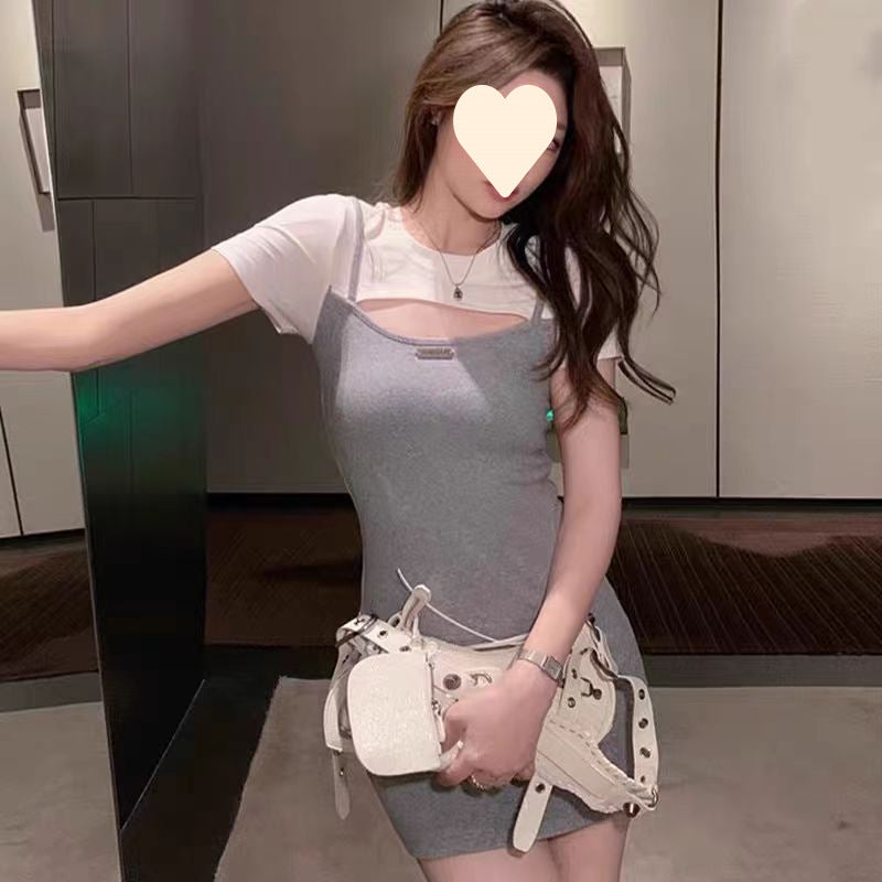 Vestido entallado de dos piezas con falda A de cintura alta y efecto doble