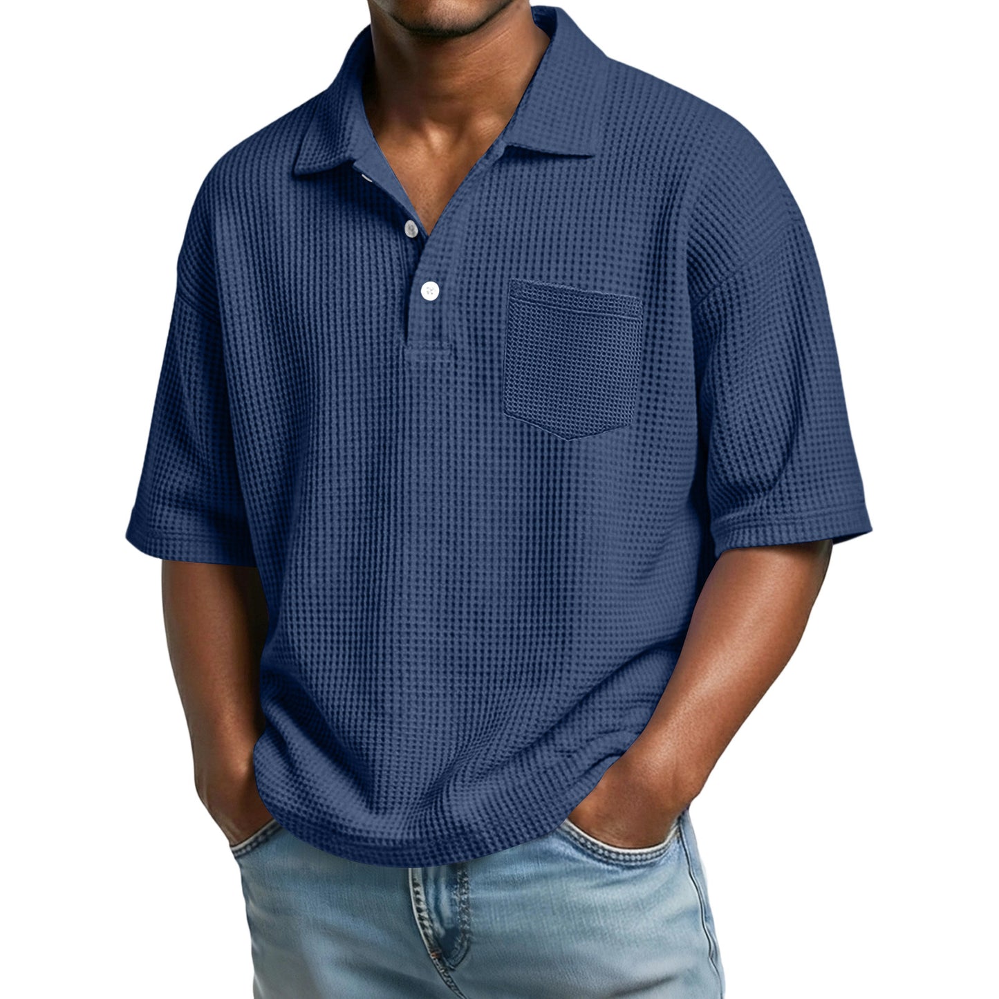 Polo de hombre de manga corta con solapa, tejido waffle y color liso