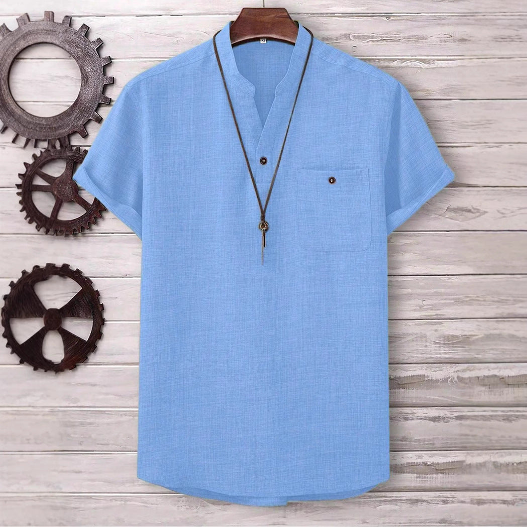 Camisa de manga corta de color liso con cuello vuelto para hombre