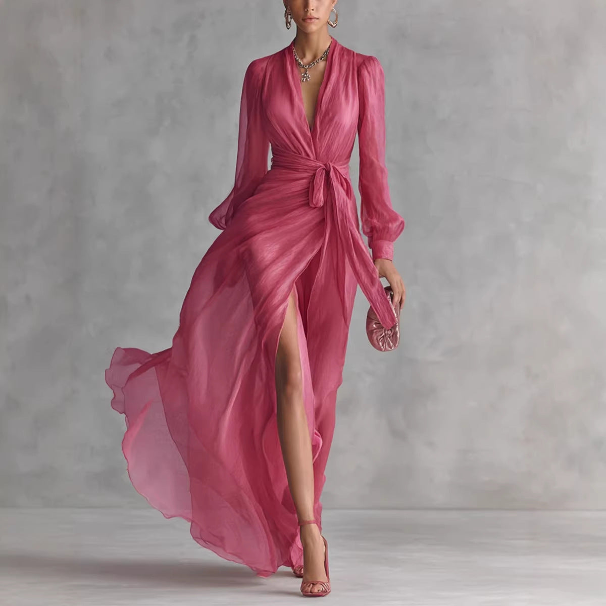 Casual Court-Style V-Neck Lace-Up Puff-Sleeve Dress - DRESS WELL STORE