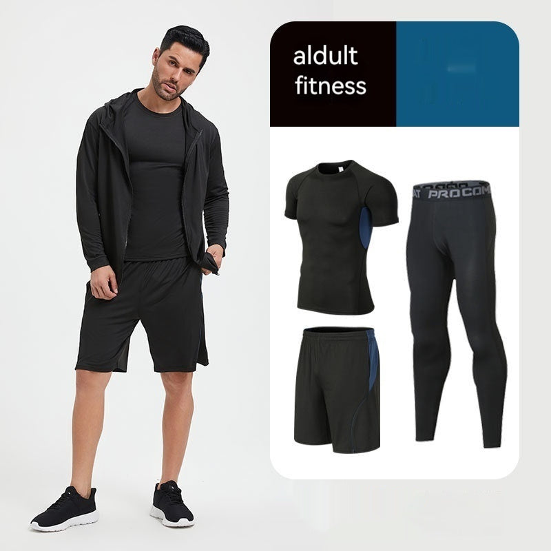 Traje de fitness para hombre, para correr por la mañana, por la noche, deportivo, de secado rápido, de cinco piezas, mallas, baloncesto, ropa de entrenamiento al por mayor