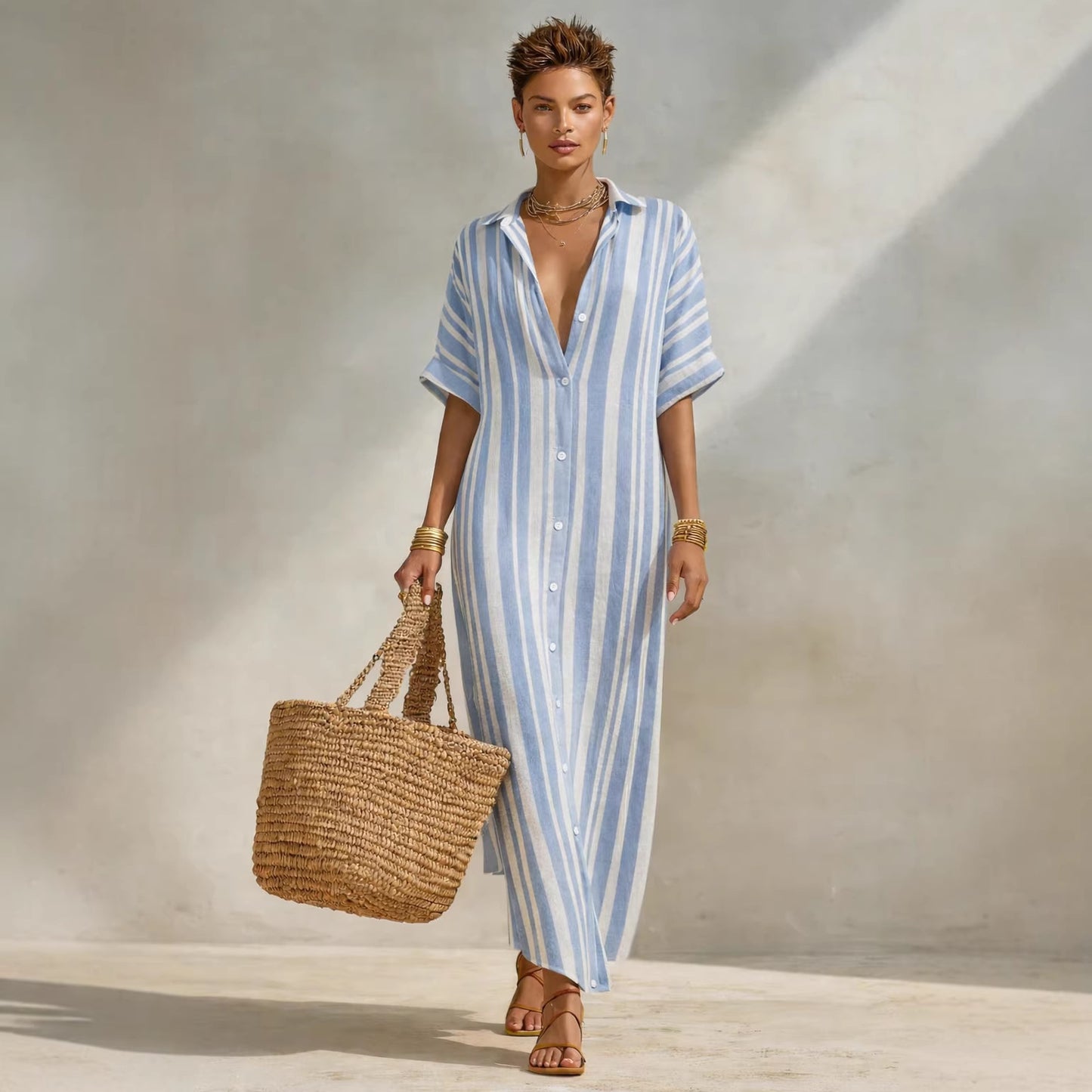 Women's Fashion Loose Casual Striped Shirt Dress