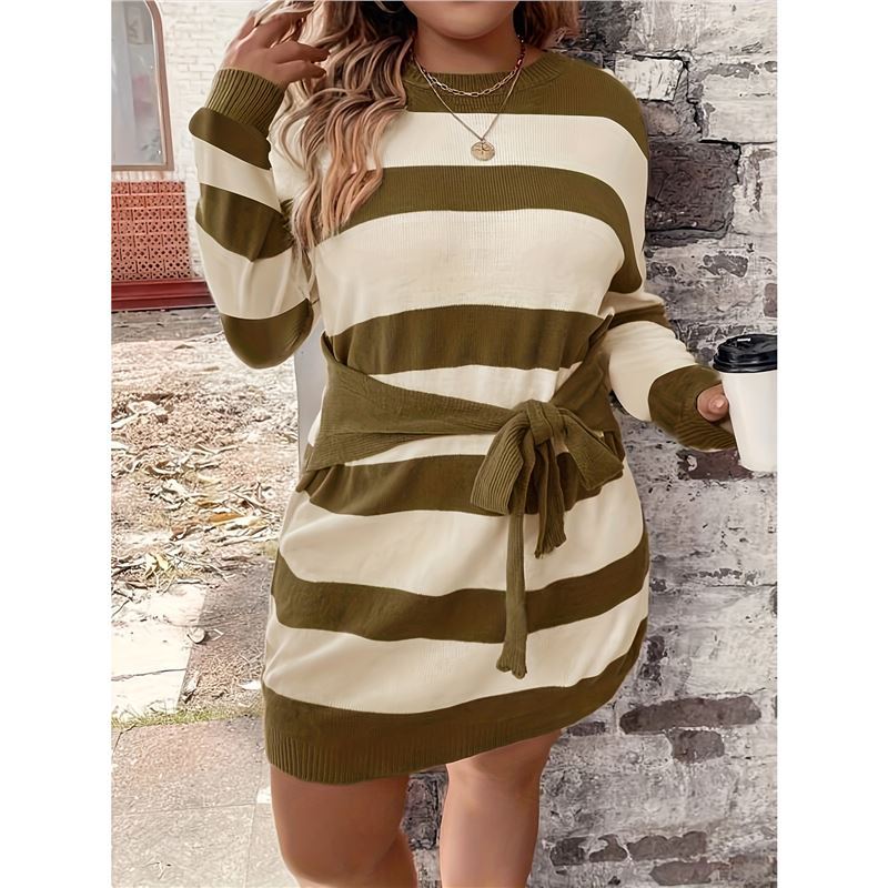 Vestido de punto informal a rayas de tallas grandes estilo europeo y americano