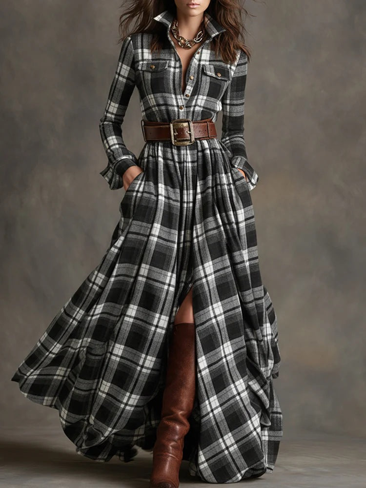 Vestido largo de manga larga con estampado a cuadros Ins, bolsillos de moda, cuello, botones, camisa, vestidos largos, ropa retro para mujer
