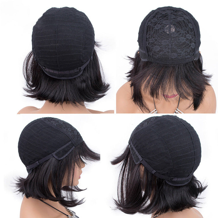 Peluca de pelo humano bob, gorro tejido, corazón superior, es natural y realista