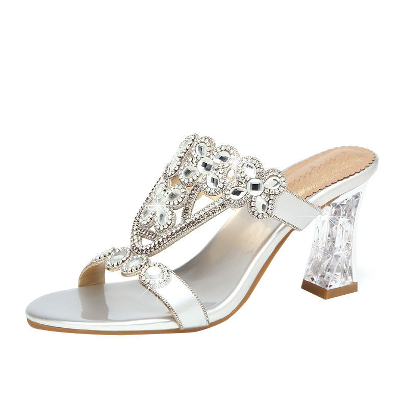 Sandalias de tacón alto con pedrería y tacón de bloque, con flores y diamantes