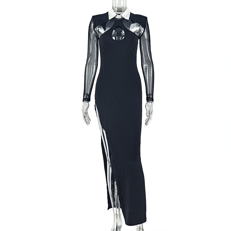 Body-hugging Shirt Collar Long Sleeve Design Hollow-out Dress