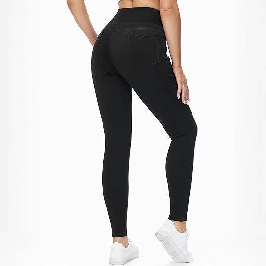 Pantalones de mezclilla sintética de talle alto con dos bolsillos