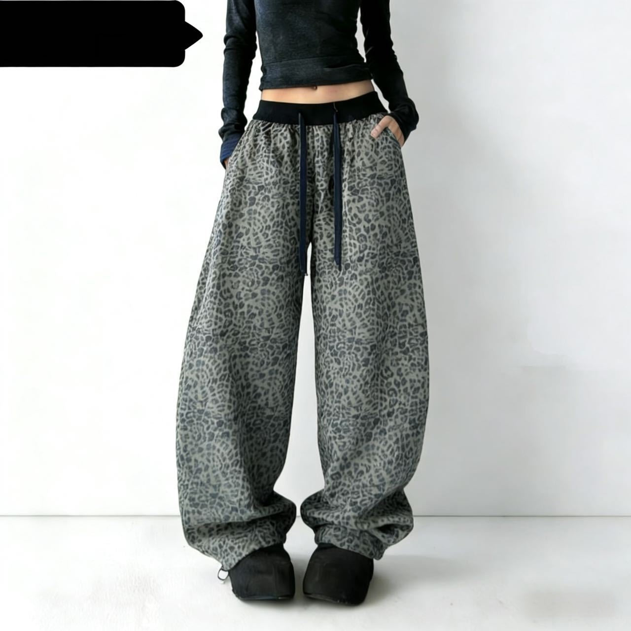 Womens Fashionable All-Match Leopard-Print High-Waist Wide-Leg Pants
