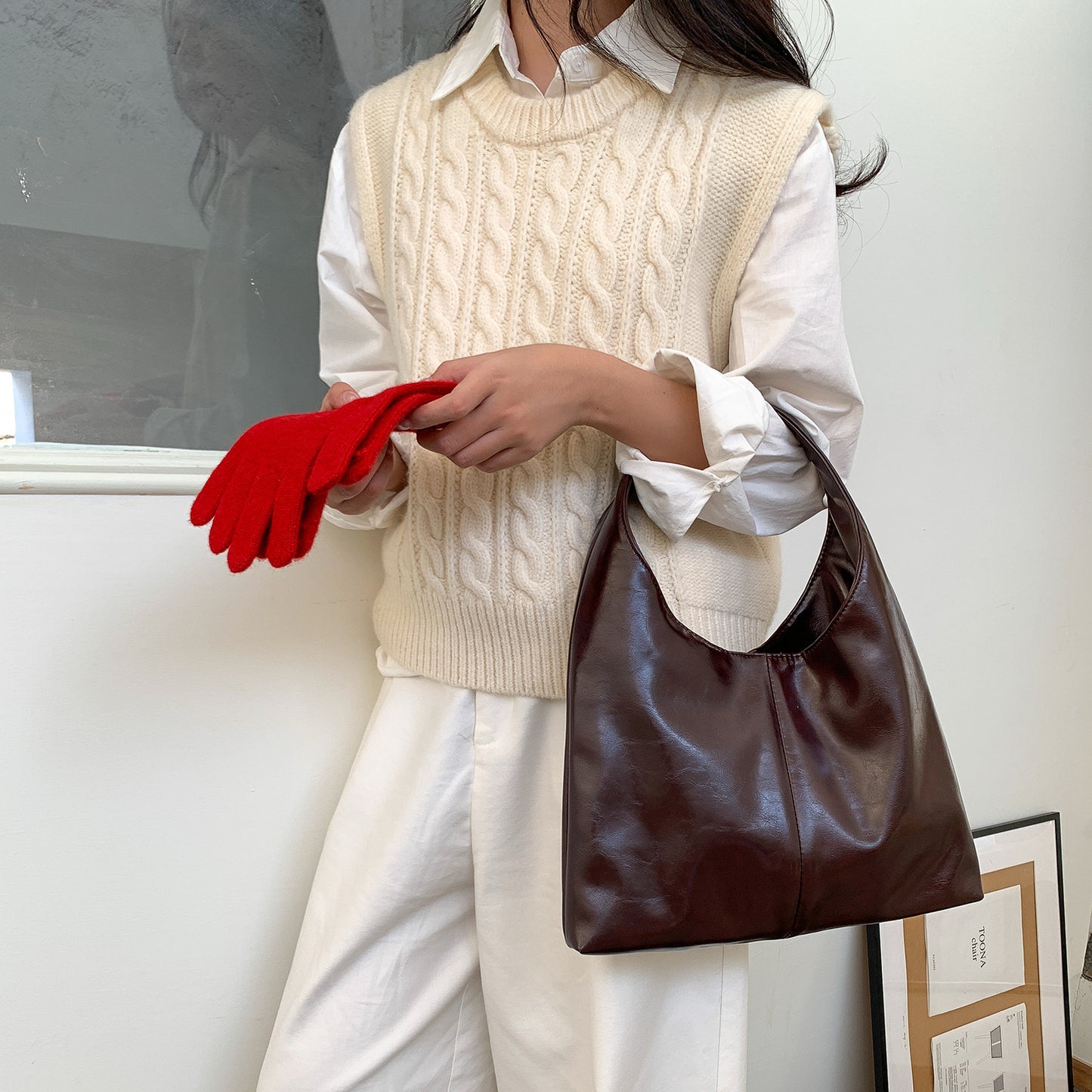 Bolso de mano de cuero suave de gran capacidad para mujer