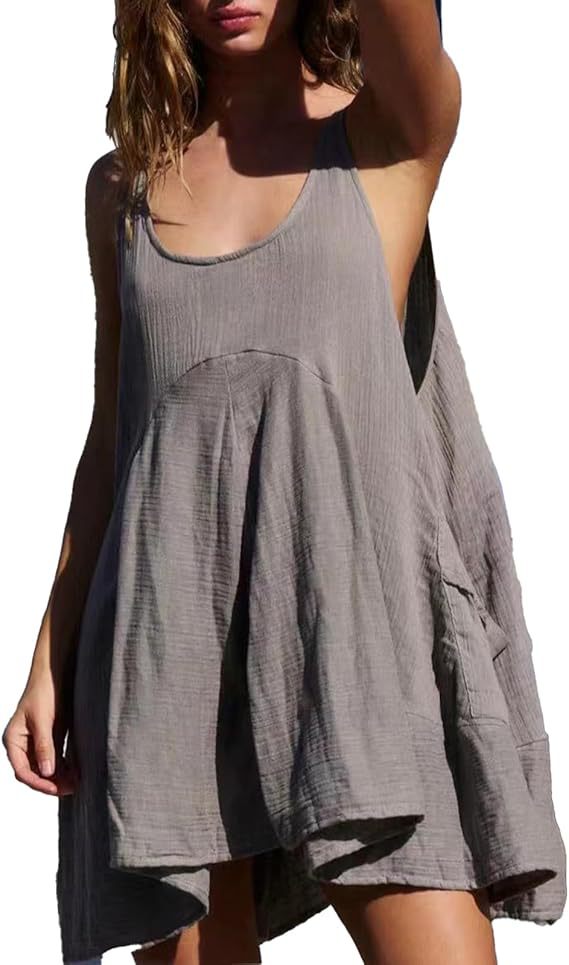 Sleeveless Crewneck Backless Mini Dress Loose-fit Tank Dress With Pockets
