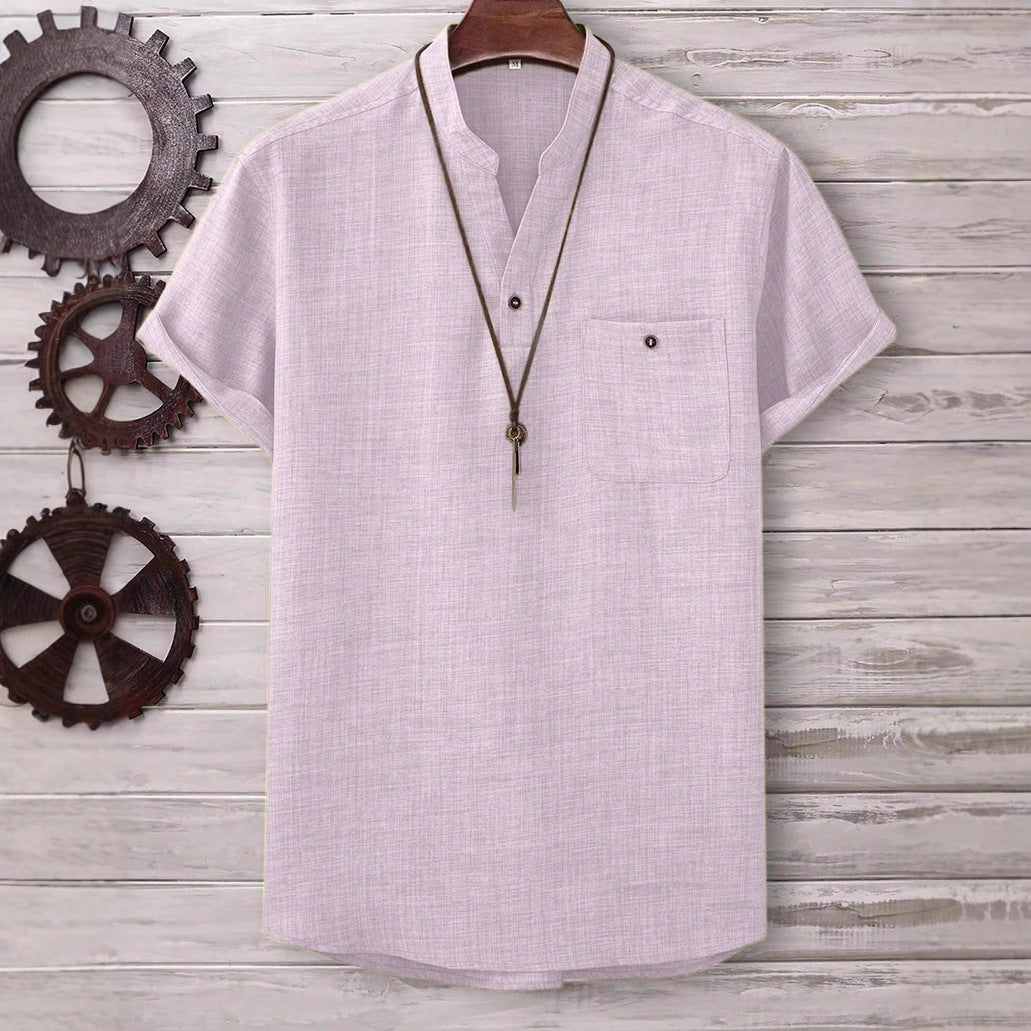 Camisa de manga corta de color liso con cuello vuelto para hombre