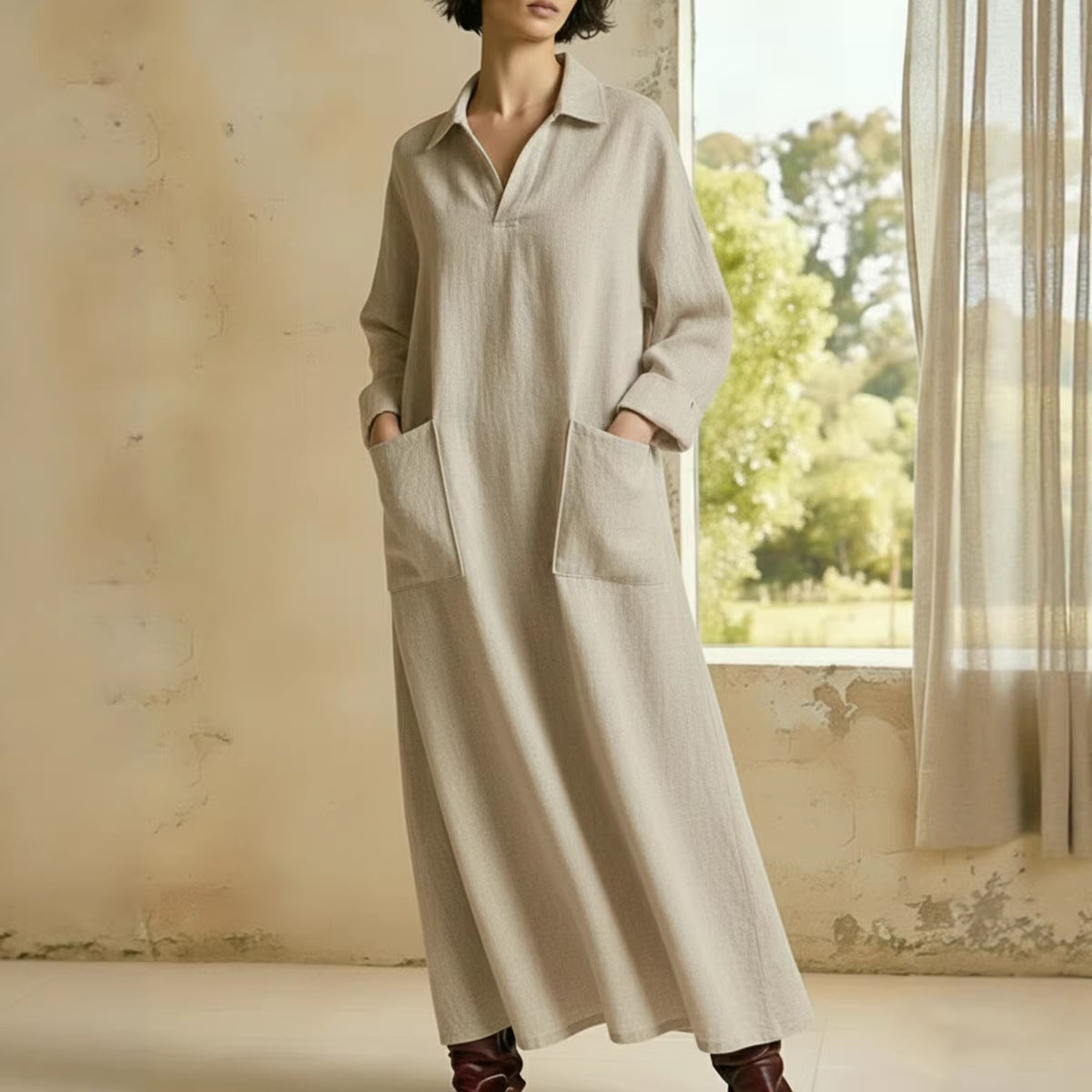 Vestido de manga larga informal con cuello alto, holgado y con bolsillos