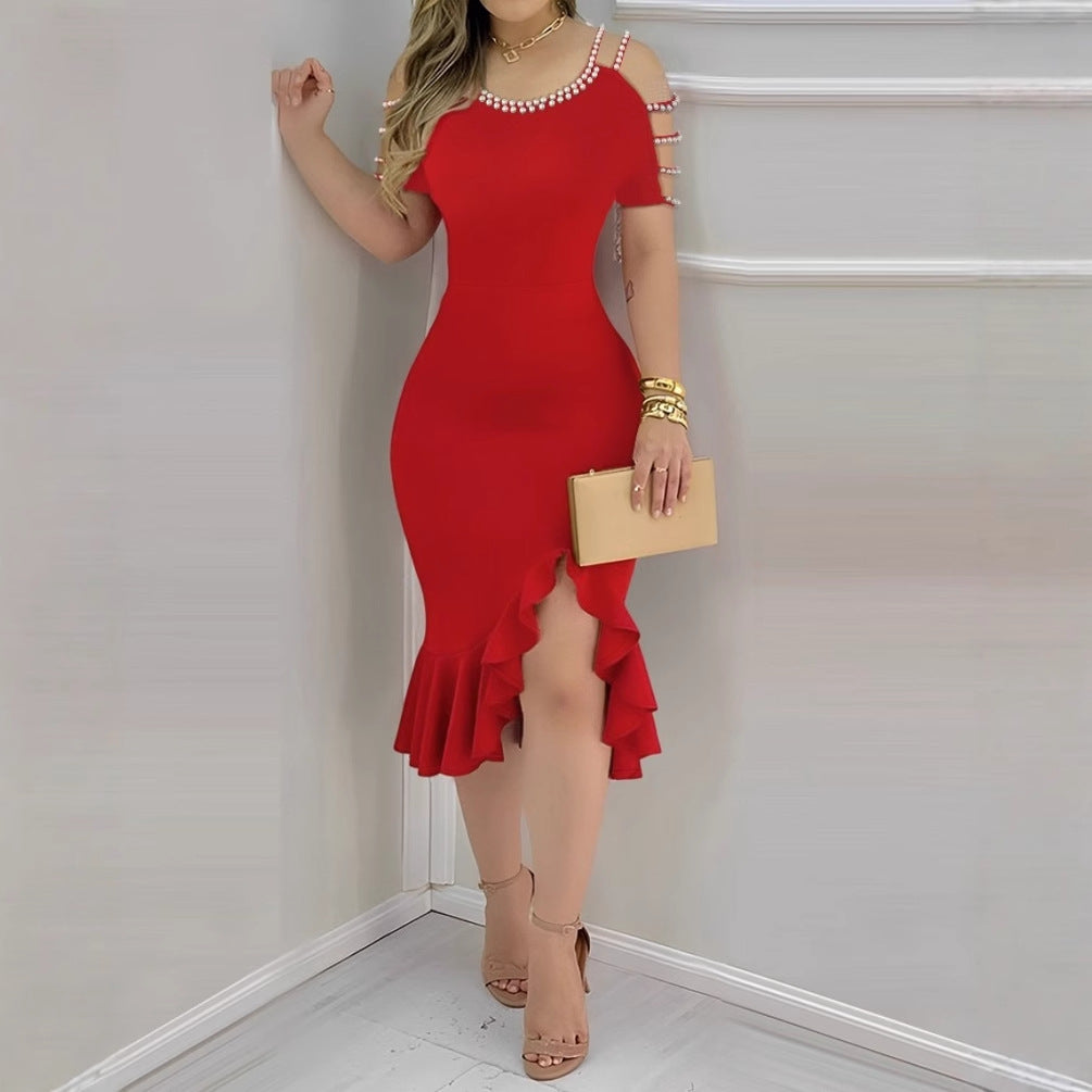 Womens Ruffled-Edge Slit Dress With Pearl Embellishments
