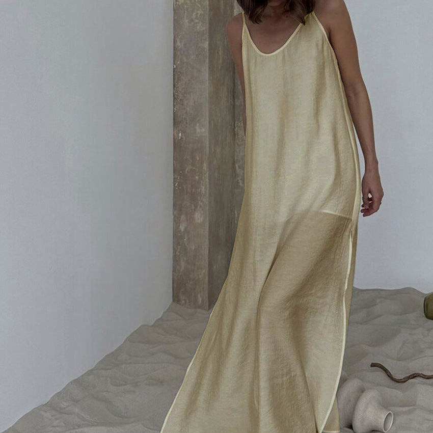 Womens Solid-Colored Casual Loose Simple One-Piece Pajama Dress