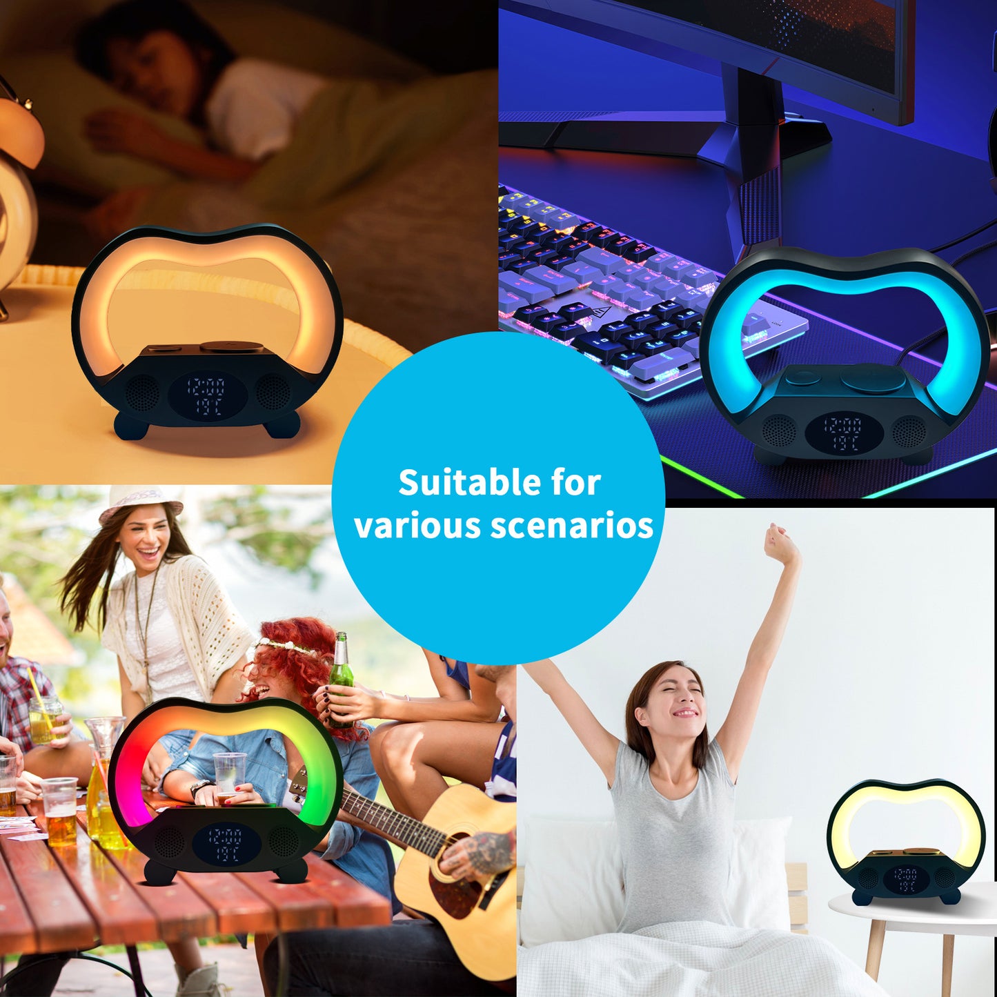 Nueva Lámpara de Mesa LED Inteligente con Ambiente de 6 Funciones en 1, Control Remoto Inteligente Compatible con Bluetooth, Cargador Inalámbrico Multifunción, Luz Nocturna y Altavoz Compatible con Bluetooth