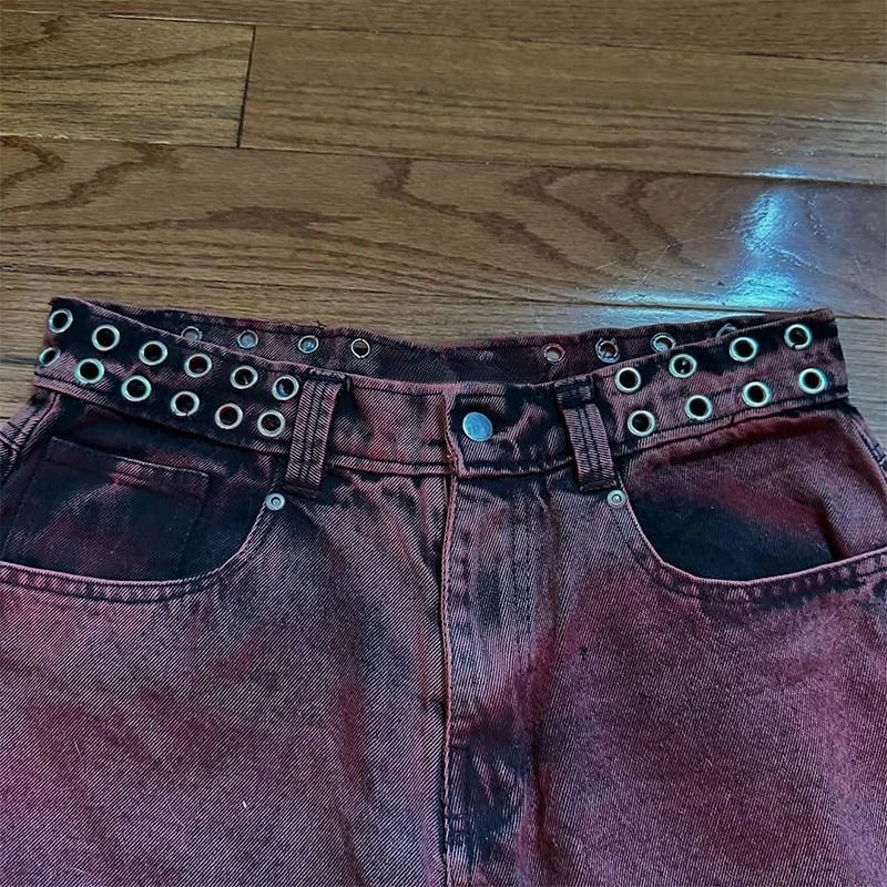 Y2K Letter-embroidered Rivet Belt Washed Vintage Jeans