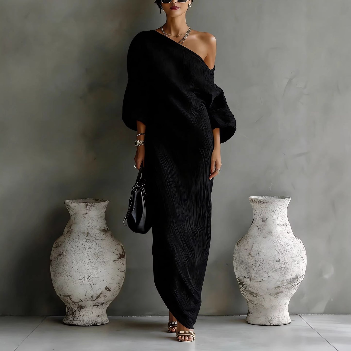 Vestido largo irregular con hombros descubiertos, moda elegante, vestidos de manga larga, ropa de vacaciones en la playa para mujer