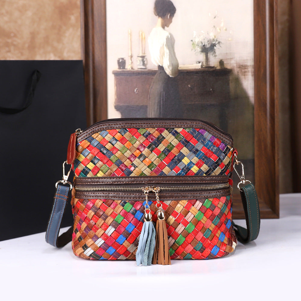 Womens First-Layer Colored Leather Shoulder Bag With Woven Design