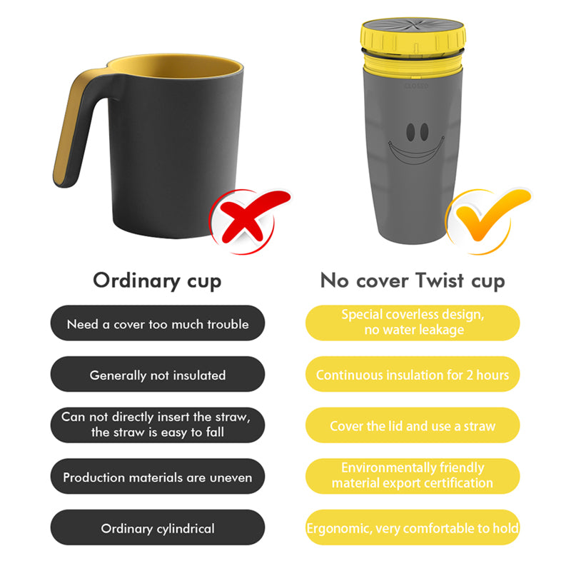 Taza de viaje sin tapa Twist Cup, taza portátil, vaso de doble aislamiento, botella de agua con pajita para niños y adultos