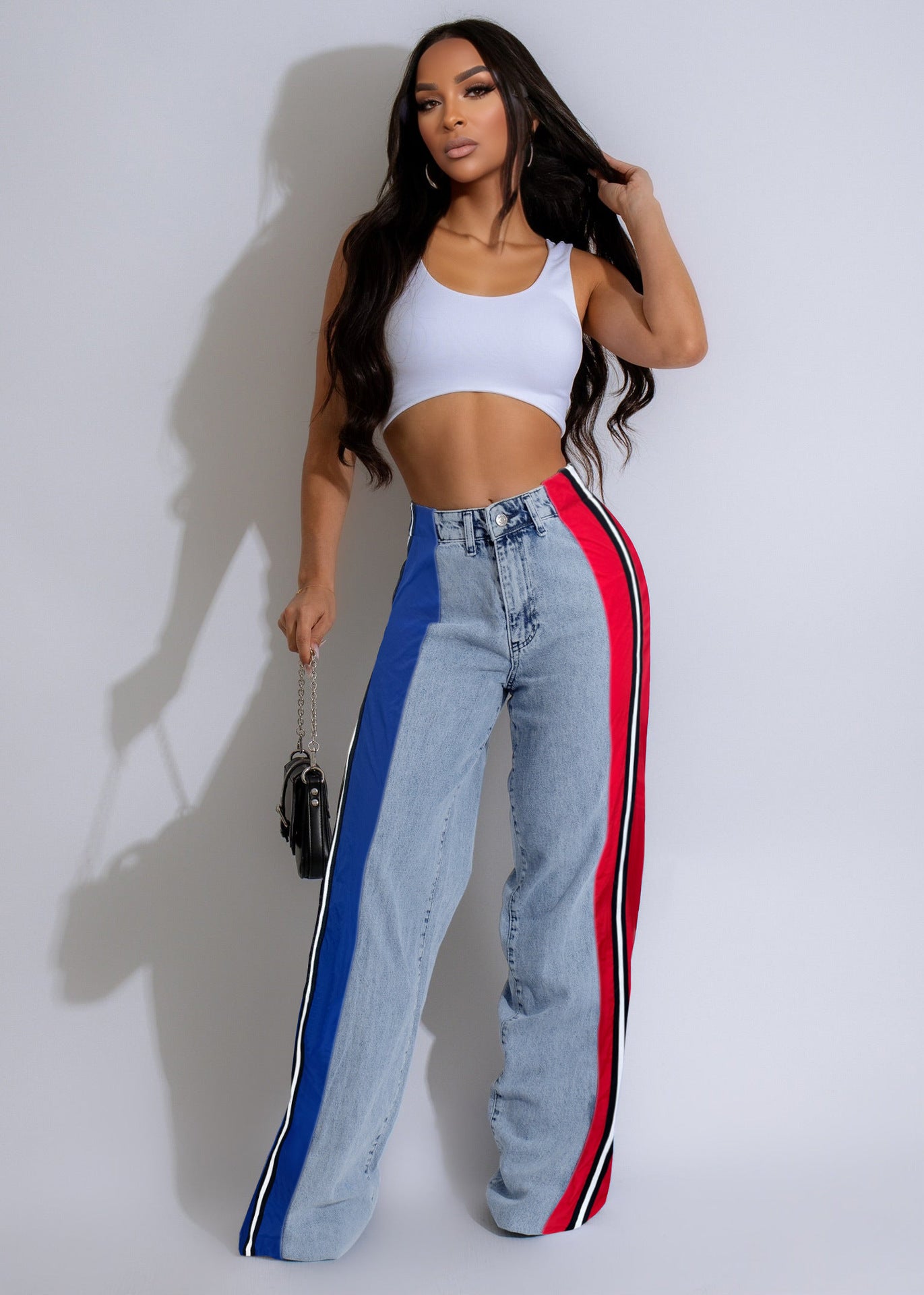 Stylish Patchwork Striped Contrasting Denim Jeans