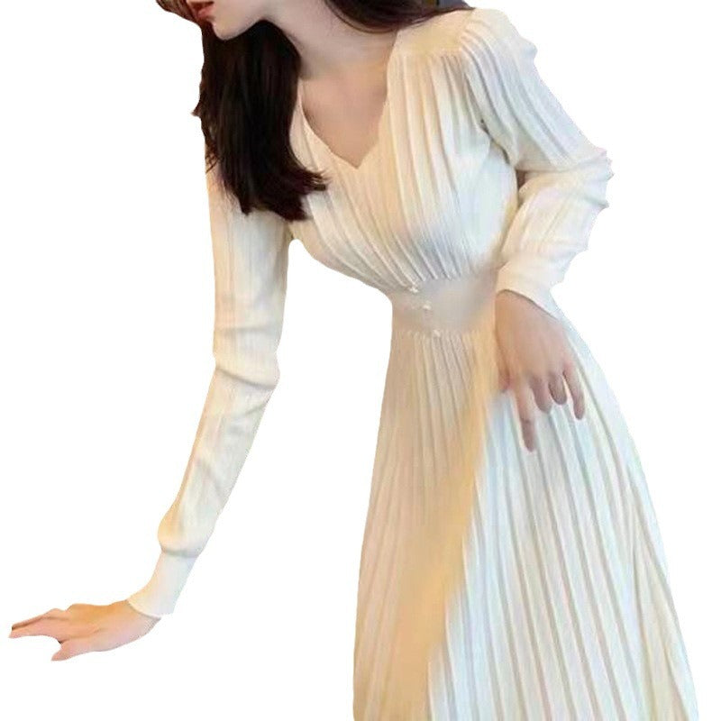 Vestido de mujer de manga larga con cuello de pico y cintura alta