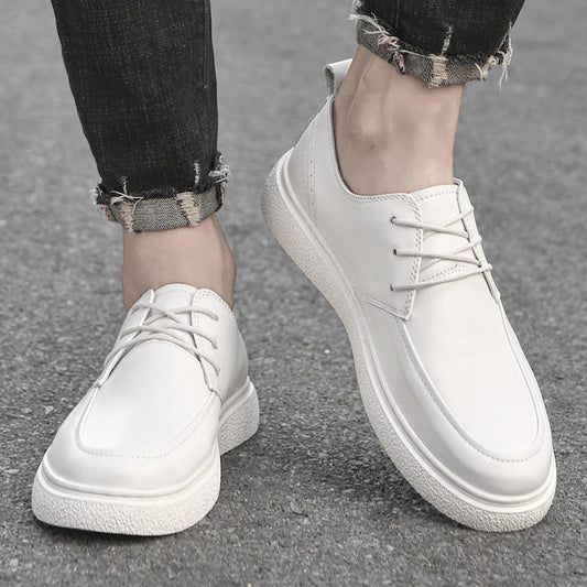 Zapatos Bajos Casuales de Cuero de Primera Capa para Hombre con Suela de Cuero y Punta Redonda Blancos