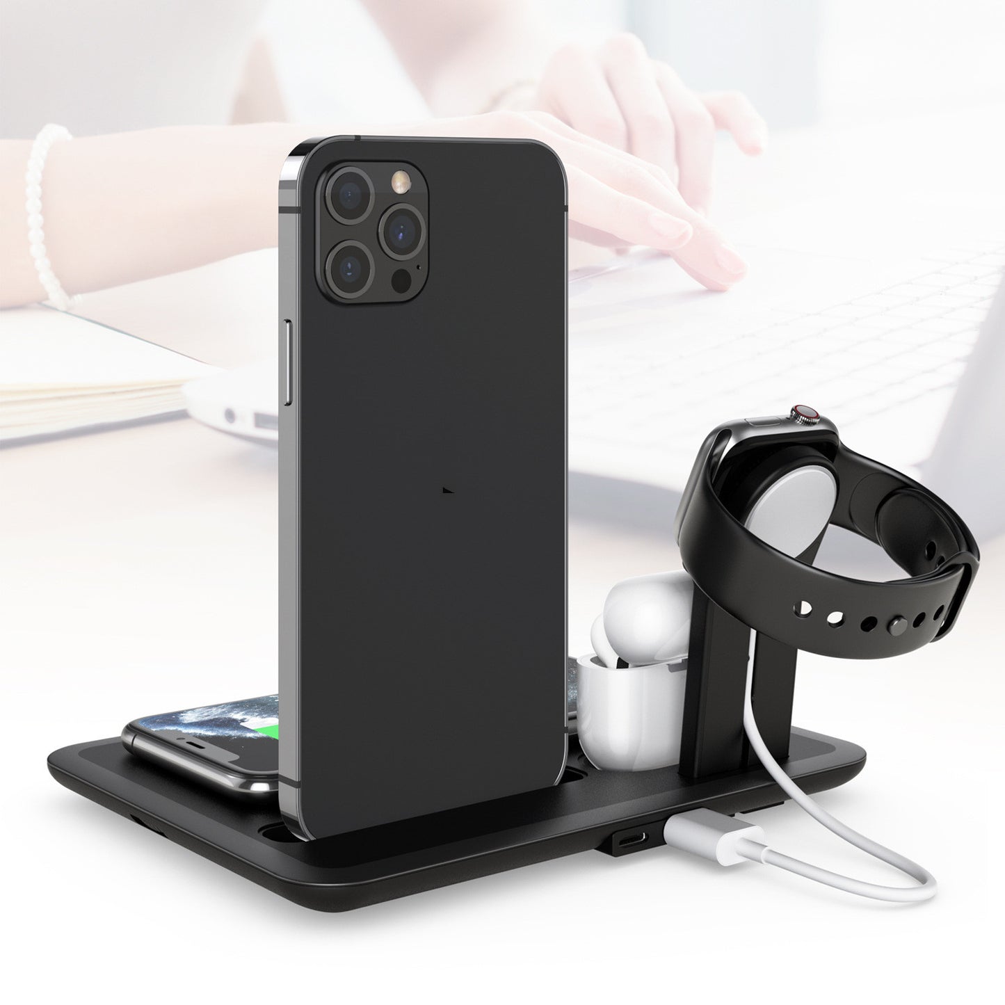 Soporte de escritorio para auriculares de reloj con cargador inalámbrico para teléfono